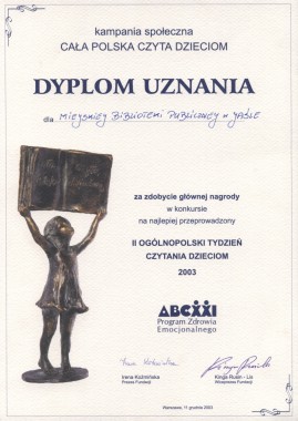 Nagroda główna Statuetka Fundacji „ABCXXI Cała Polska czyta dzieciom” za najlepiej przeprowadzoną kampanię społeczną „Cała Polska czyta dzieciom”